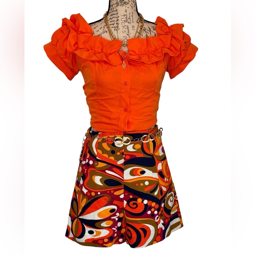 ZARA Women’s Retro Print High Waisted Shorts 70s Mod Groovy Festival Size XLarge